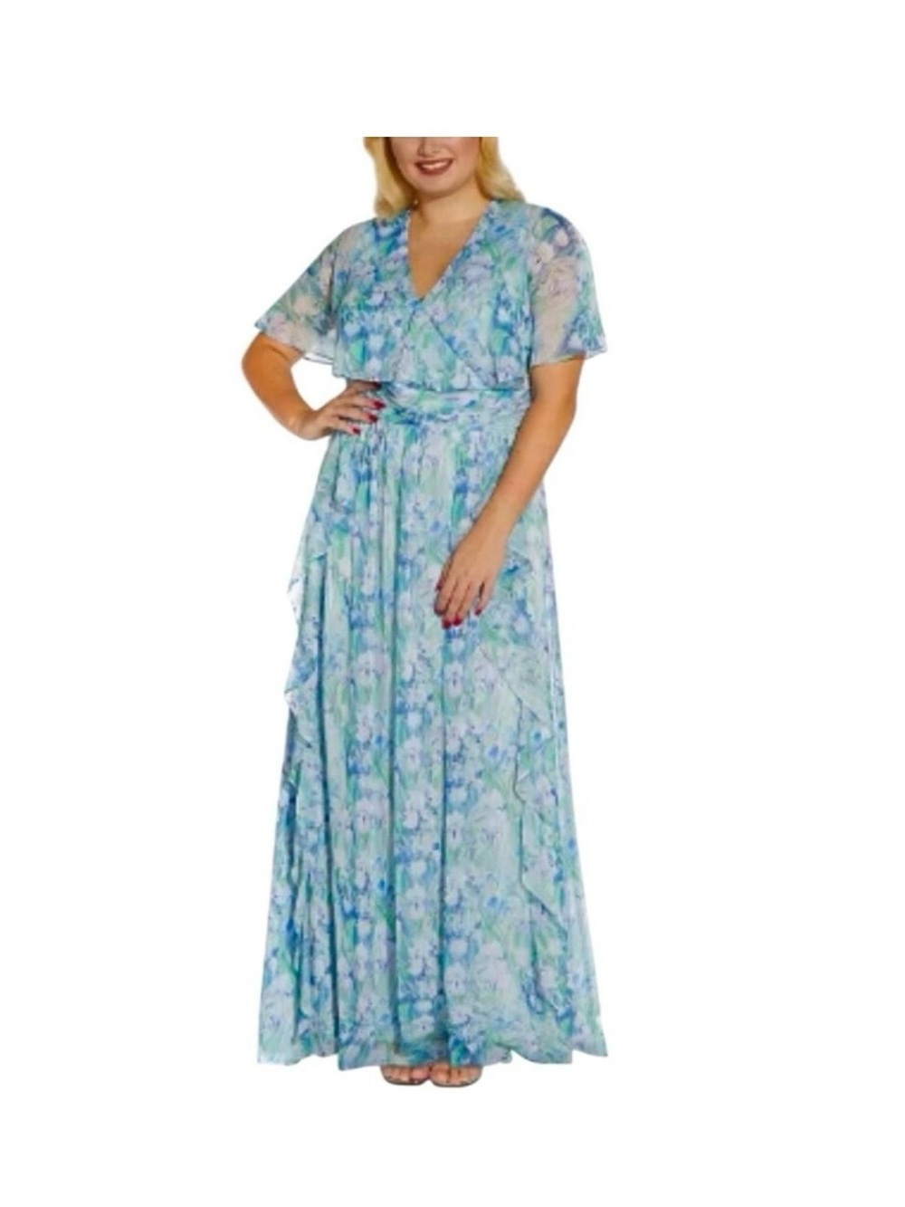 Adrianna Papell Blue & Green Floral Flutter-Sleeve Maxi Dress